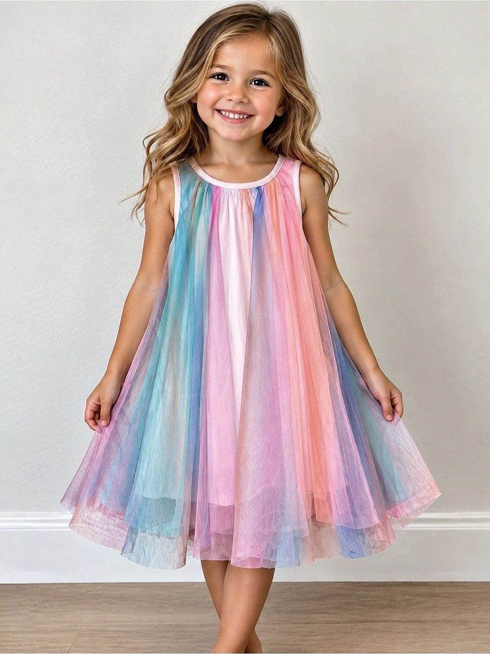 Cat & Jack Girls Pastel Rainbow Tulle Dress 5T Sleeveless Party Princess Unicorn